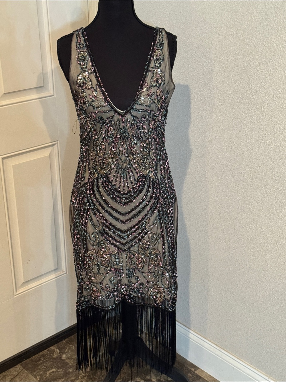 Embellished V-Neck Fringe Midi Dress in Black